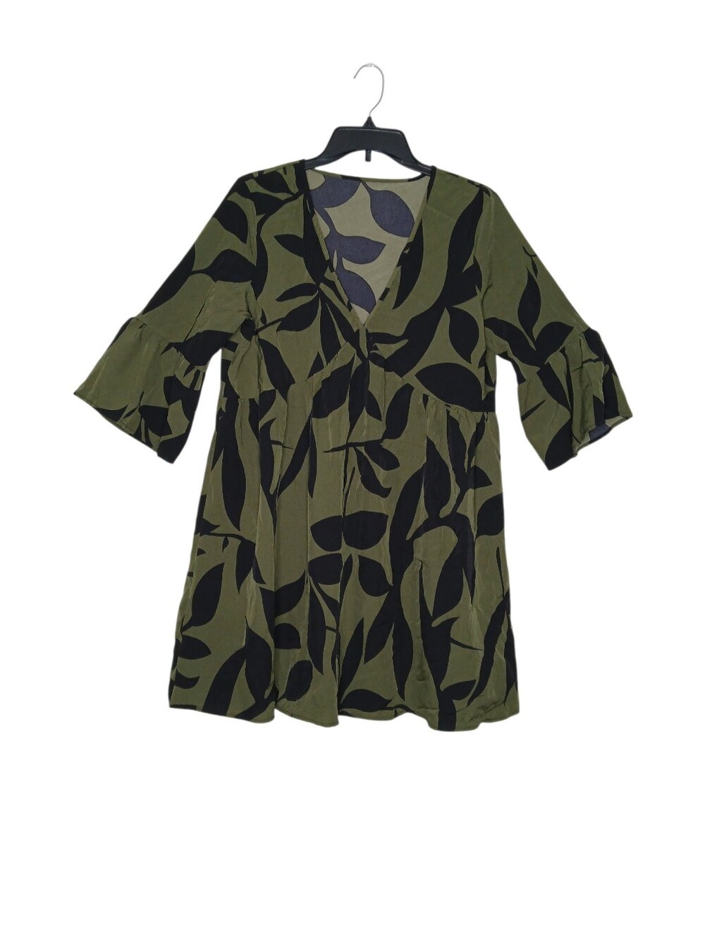 Women's Olive Green and Black Leaf Print V-Neck Tunic